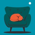 Cat sleeping on an armchair. The symbol of home comfort. Flat vector illustration.
